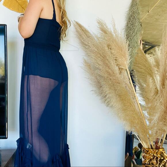 NEW FREE PEOPLE FP Blue Bells & Ruffles Tank Top Sheer Jumpsuit Flares Shorts XS - Picture 2 of 15